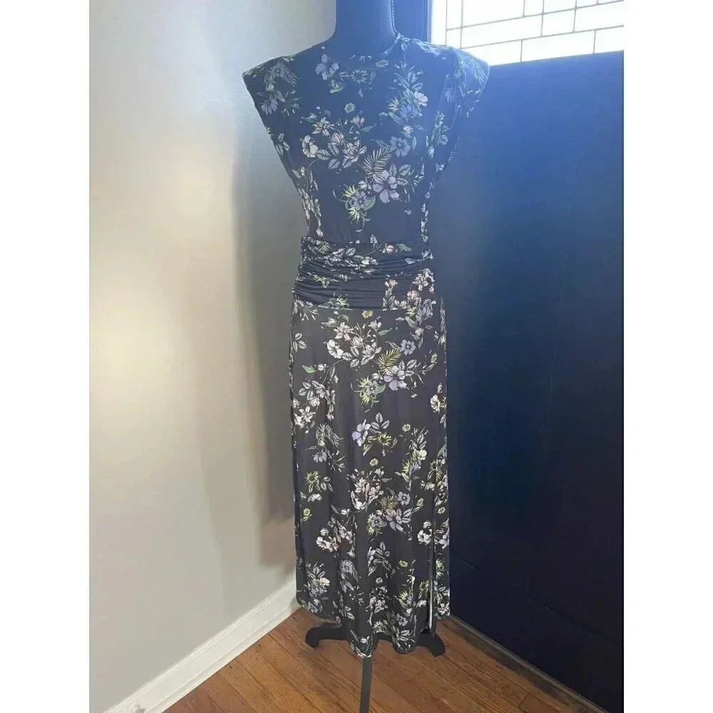 AFRM BLACK FLORAL DRESS SIZE S PADDED SHOULDER SIDE SLIT OPEN BACK SLIM FIT NWOT